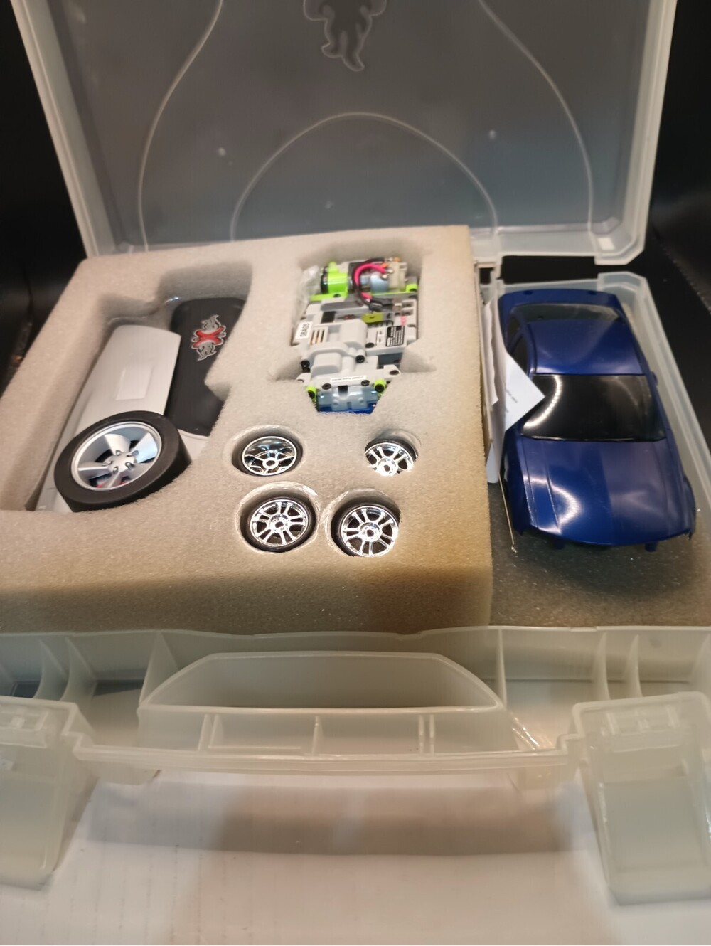 Vintage XMODS Mustang 1:28 RC Car Kit Blue Complete w/ additional Camaro Body